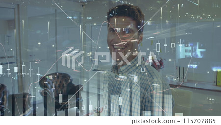 Composite image of statistical data processing against portrait of caucasian man smiling at office 115707885
