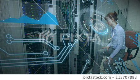 Image of interface with data processing over caucasian female engineer working at server room 115707888