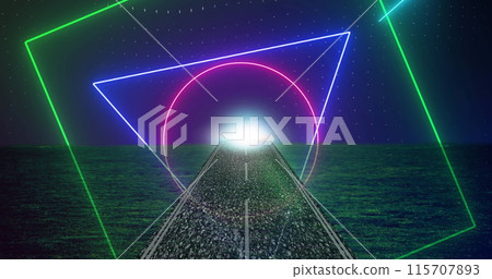 Image of neon shapes over road on blue background Image of neon shapes over road on blue background 115707893