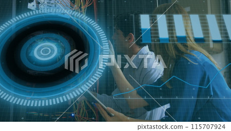 Image of data processing over caucasian male and female engineers working at server room Image of data processing over caucasian male and female engineers working at server room 115707924
