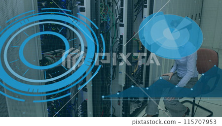 Image of interface with data processing over caucasian female engineer working at server room Image of interface with data processing over caucasian female engineer working at server room 115707953