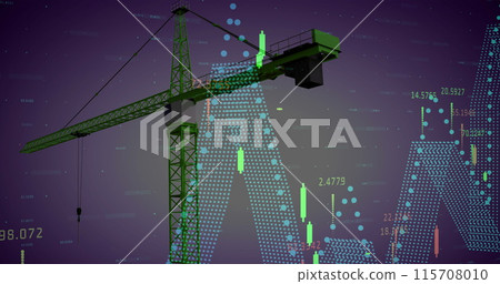 Image of crane at construction site, financial data processing and statistics 115708010