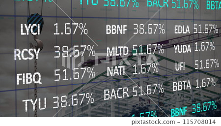 Image of crane at construction site, financial data processing and statistics 115708014