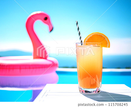 池畔雞尾酒飲料和火烈鳥漂浮“AI生成圖像” 115708245