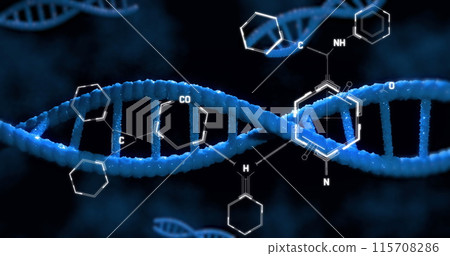 Image of dna rotating over chemical formulas on black background 115708286