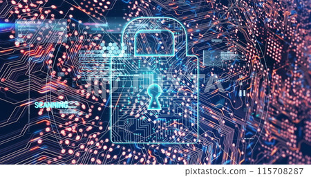 Image of integrated circuit and digital padlock on navy background 115708287