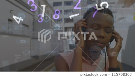 Image of digital data processing over african american woman using headphones Image of digital data processing over african american woman using headphones 115708303