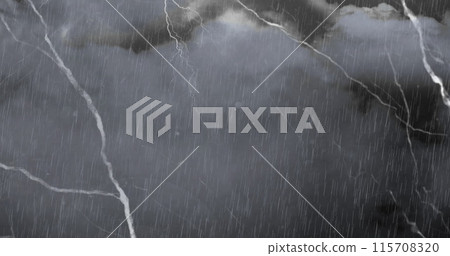 Image of bolts of lightning over rain and grey cloudy sky, black and white Image of bolts of lightning over rain and grey cloudy sky, black and white 115708320