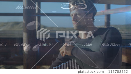 Image of digital data processing over caucasian surfer Image of digital data processing over caucasian surfer 115708332