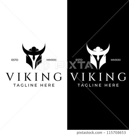 Viking warrior helmet logo with horned helmet and viking with the letter V. The logo can be used for boats, sports and others. 115708653