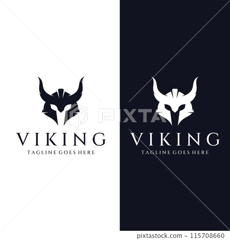 Viking warrior helmet logo with horned helmet and viking with the letter V. The logo can be used for boats, sports and others. 115708660