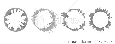 Radial sound wave pattern set. Circular audio, music or voice icon collection. Round wavy equalizer spectrum symbol pack. Circle sun burst bundle. Vector black soundwave center elements 115708707