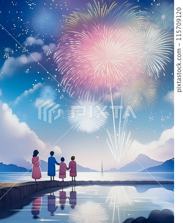 Illustration of people watching summer fireworks, Generative AI AI image Illustration of people watching summer fireworks, Generative AI AI image 115709120