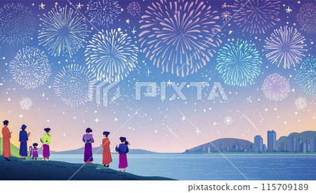 人們觀看夏季煙火的插圖，生成 AI AI 圖像 115709189