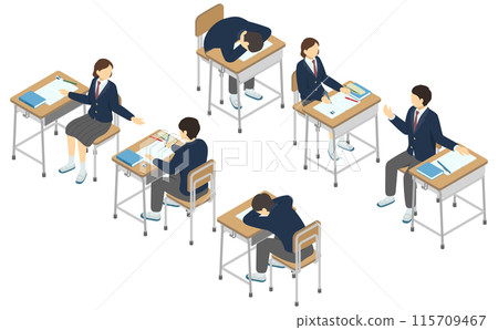 Isometric illustration: school desk and high school student Isometric illustration: school desk and high school student 115709467