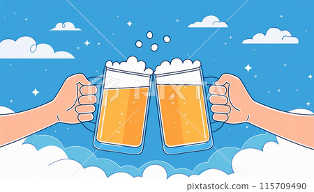 Simple illustration of a summer sky and a toast with beer, Generative AI AI image 115709490