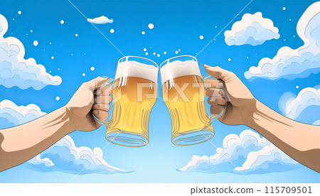 Simple illustration of a summer sky and a toast with beer, Generative AI AI image 115709501