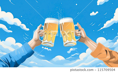用夏日天空和啤酒敬酒的簡單插圖，生成 AI AI 圖像 115709504