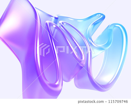 3d abstract liquid glass holographic ribbon with ruffles and folds render. Fashion background with translucent curve wave line, flow of neon blue purple gradient fluid water, pattern. 3D illustration 115709746