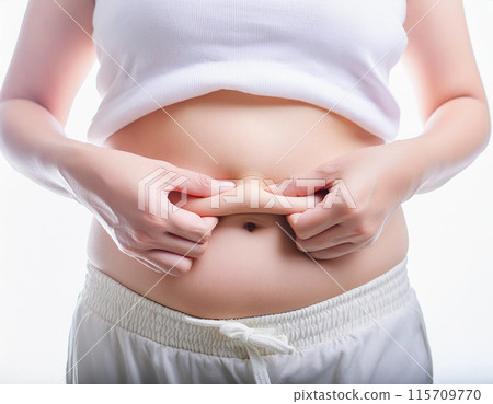 A woman with metabolic syndrome pinches her belly fat, Generative AI AI image 115709770