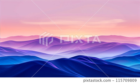 夢幻般的風景,紫色起伏的山丘,明亮的粉紅色和橙色的日落天空。背景材料 夢幻般的風景,紫色起伏的山丘,明亮的粉紅色和橙色的日落天空。背景材料 115709809
