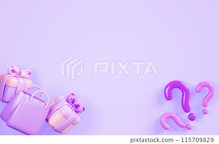 3d mystery gift boxes, shopping bag with question marks on purple background render. Fashion banner with surprise present packages to delivery with ribbon bows, discount or sale icons. 3D illustration 3d mystery gift boxes, shopping bag with question marks on purple background render. Fashion banner with surprise present packages to delivery with ribbon bows, discount or sale icons. 3D illustration 115709829