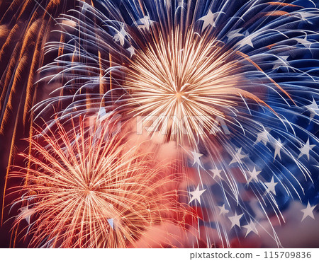 Blue white and red fireworks background with American flag Blue white and red fireworks background with American flag 115709836