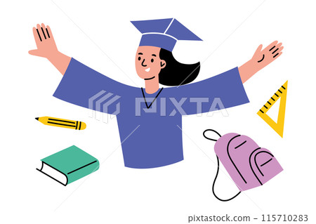Happy student celebrating graduation, doodle school supplies. Vector illustration in flat style, academic success, young girl achievement, education and learning, cartoon character in graduate gown 115710283