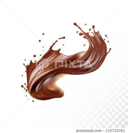 Chocolate splash isolated on white background. Realistic vector illustration. 115710761