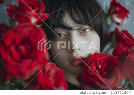 A handsome man surrounded by red roses 115711204