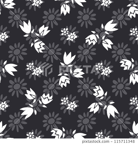 Monochrome seamless pattern with abstract retro wild flower blooms on black background Monochrome seamless pattern with abstract retro wild flower blooms on black background 115711348