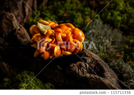 Homemade pickled honey mushrooms in a black bowl. 115711356