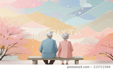 Elderly couple enjoying spring cherry blossom viewing, Generative AI AI image 115711569