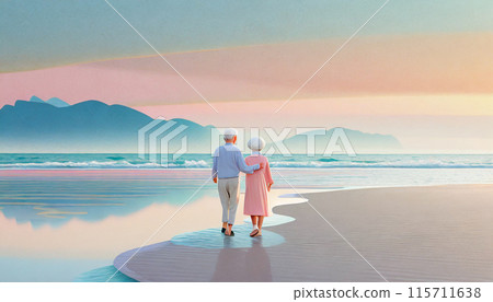 老夫婦在海邊散步，生成 AI 影像 115711638