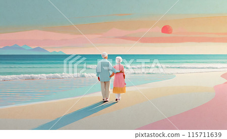 老夫婦在海邊散步，生成 AI 影像 115711639