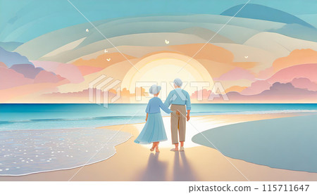 Elderly couple walking along the beach, Generative AI AI image 115711647