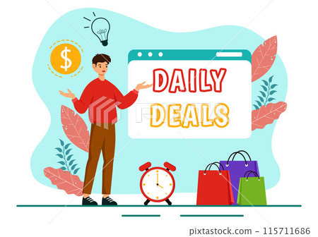 Daily Deals Vector Illustration featuring Shopping Goods and Hunting for Discounts set against a Flat Cartoon Style Background Daily Deals Vector Illustration featuring Shopping Goods and Hunting for Discounts set against a Flat Cartoon Style Background 115711686