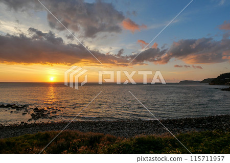 Morning sun over Sagami Bay from Manazuru PA, Odawara City, Kanagawa Prefecture 115711957
