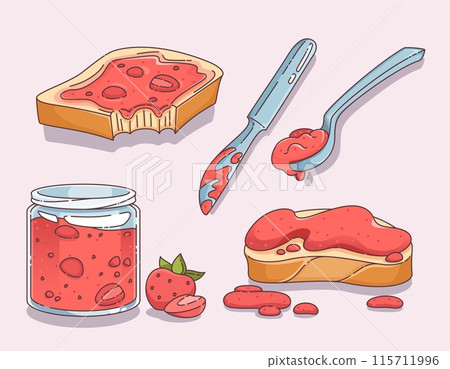 Bread toast with strawberry jam in glass jar Bread toast with strawberry jam in glass jar 115711996