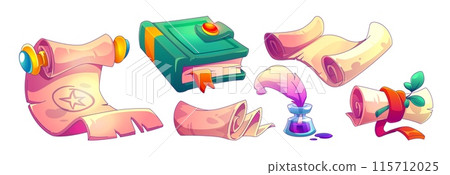 Old magic book with parchment pages and scroll 115712025