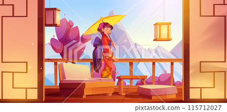 Geisha on house terrace against mountain landscape Geisha on house terrace against mountain landscape 115712027