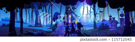 Children in Halloween costumes on night cemetery Children in Halloween costumes on night cemetery 115712045