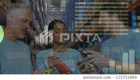 Statistical data processing against male and female volunteers opening donation bags at warehouse Statistical data processing against male and female volunteers opening donation bags at warehouse 115712069