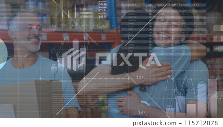 Image of data processing over happy people hugging in warehouse Image of data processing over happy people hugging in warehouse 115712078