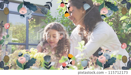 Image of flowers over happy caucasian mother and daughter gardening in sunny garden 115712173