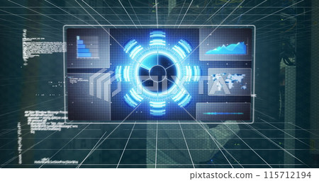 Image of scope scanning and data processing over caucasian male it technician by computer server 115712194