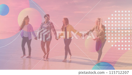 Image of shapes over diverse friends walking together and holding hands 115712207