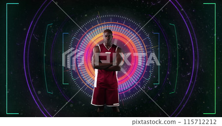 Image of african american sportsman with arms crossed over scope scanning on black background 115712212