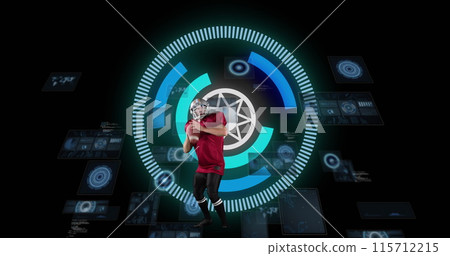 Image of caucasian male rugby player over scope scanning on black background 115712215