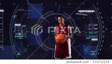 Image of african american female basketball player over scope scanning on black background Image of african american female basketball player over scope scanning on black background 115712234